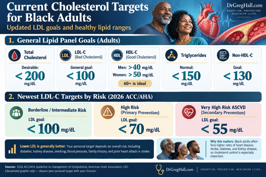 Current cholesterol targets for Black adults: 2026 ACC/AHA LDL goals of under 100, 70, or 55 mg/dL depending on heart disease risk