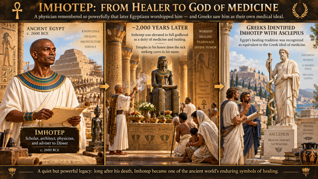 Infographic: Imhotep's rise from Egyptian physician to deified god of medicine, later equated with the Greek god Asclepius