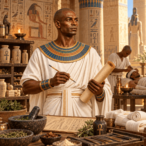 Artist's illustration of Imhotep as an ancient Egyptian physician, dressed in Old Kingdom regalia, holding a papyrus scroll