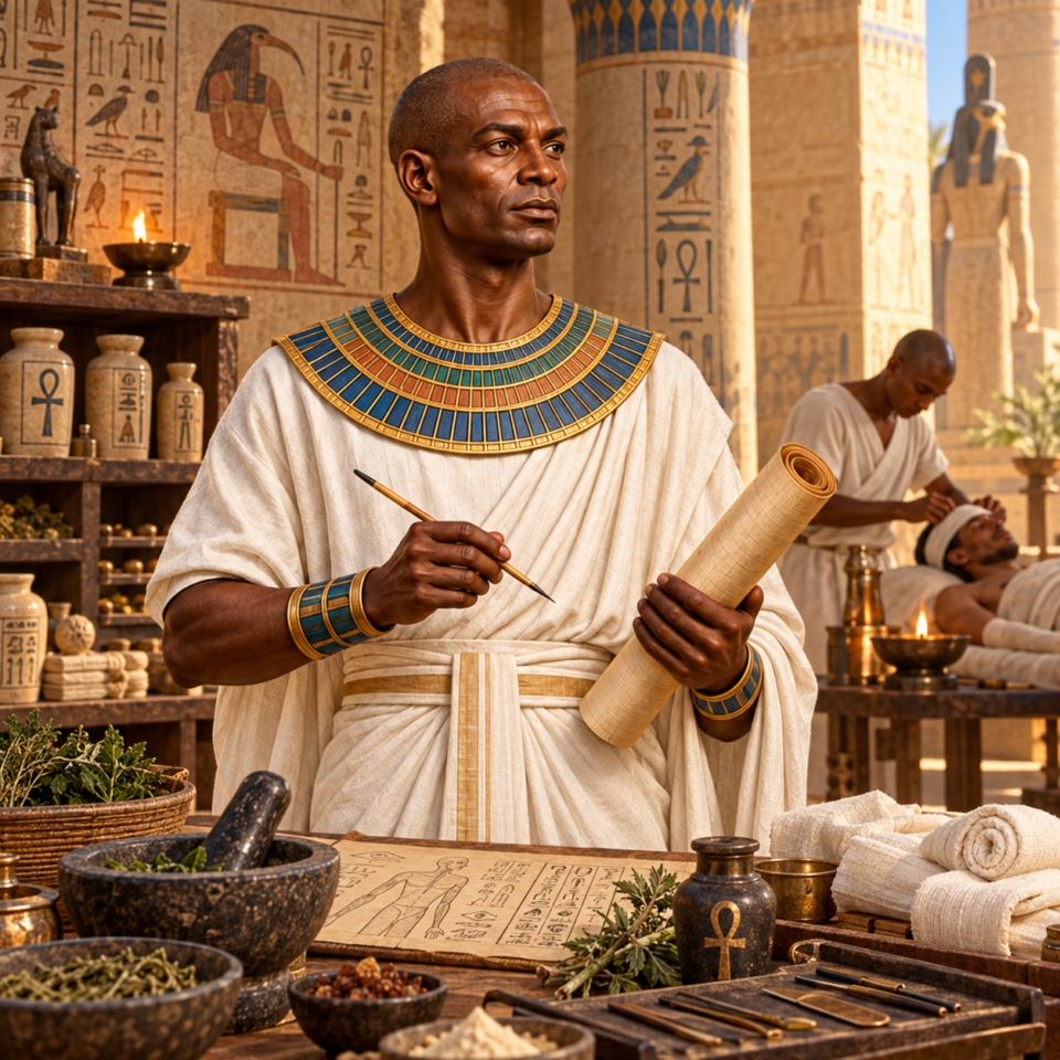 Artist's illustration of Imhotep as an ancient Egyptian physician, dressed in Old Kingdom regalia, holding a papyrus scroll