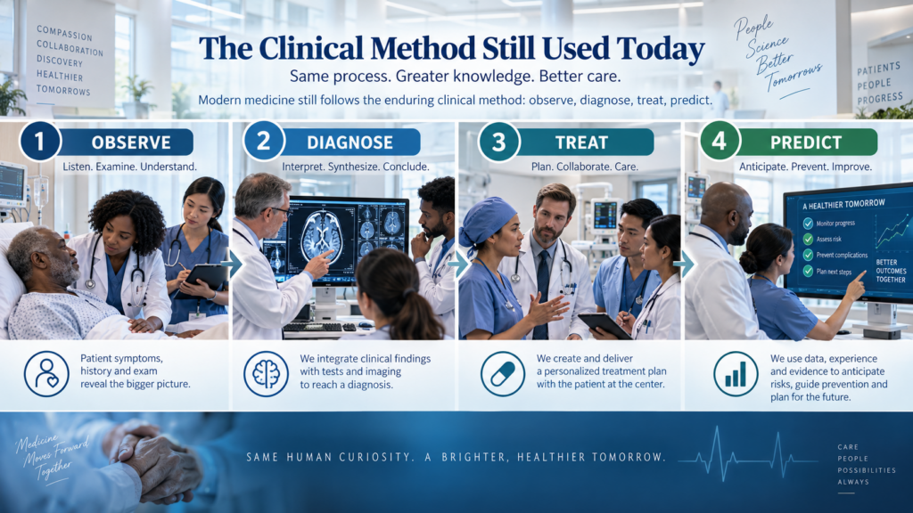 Infographic: the modern clinical method (observe, diagnose, treat, predict) that traces back to Imhotep's approach to medicine