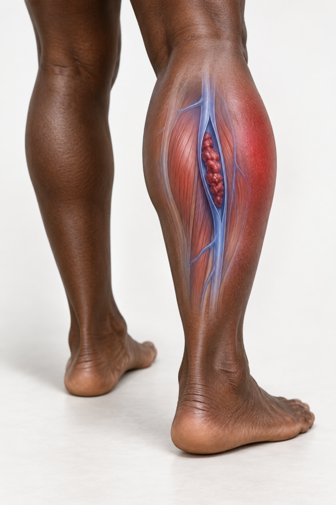 Illustration of a deep vein blood clot (DVT) in the leg, a hospital-acquired blood clot risk that runs higher in Black patients