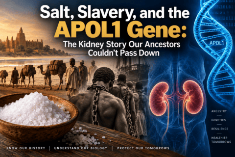 Title graphic for the article blending a West African salt caravan, the transatlantic slave trade, and illuminated kidneys with an APOL1 DNA strand.