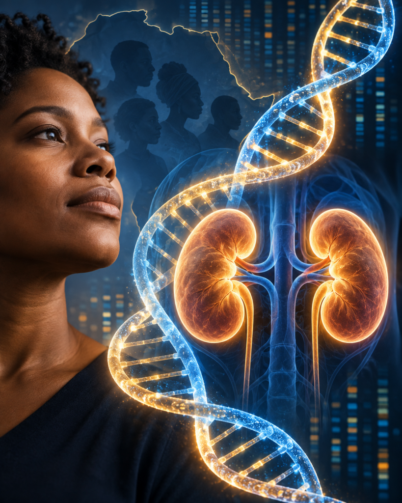 A Black woman in profile beside a glowing DNA double helix and illuminated kidneys, representing the APOL1 gene's link to kidney disease.