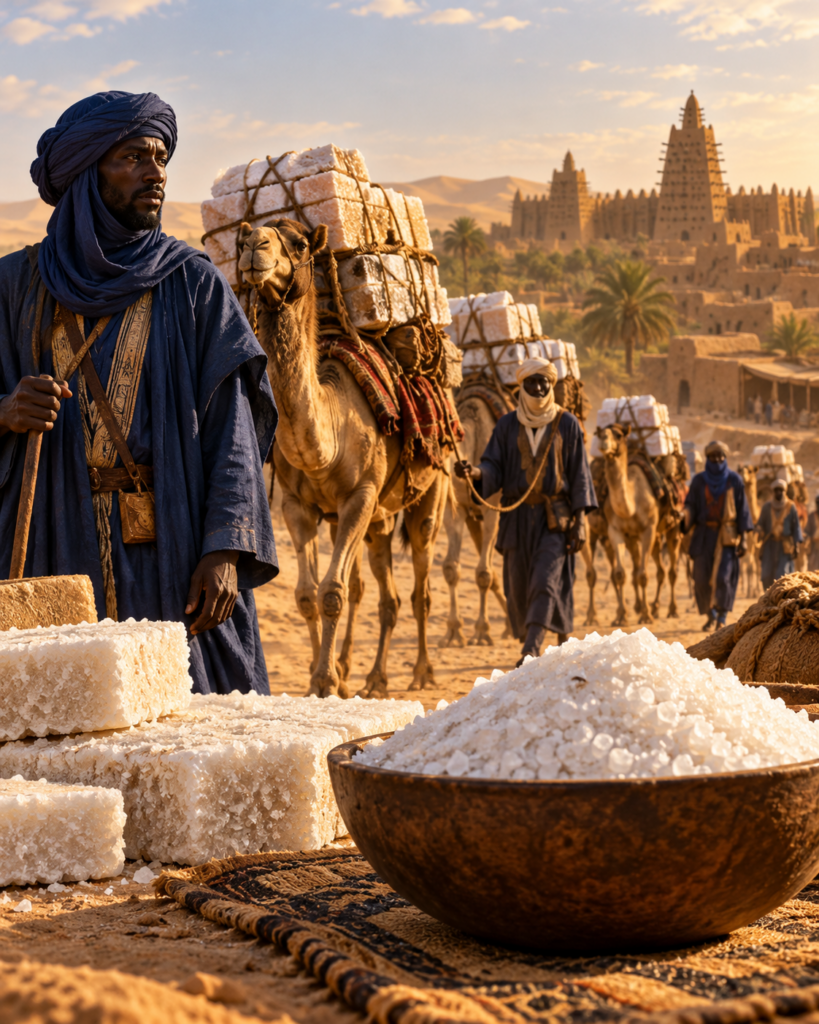 A West African salt caravan with loaded camels arriving at a mud-brick trading city at sunset, evoking the medieval gold-for-salt trade.