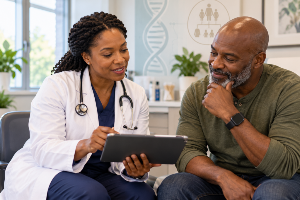 Black female doctor reviewing genetic test results on a tablet with a Black male patient, with a DNA strand and family tree on the wall behind them
