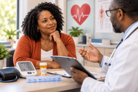 Black woman discussing her blood pressure medicine with a Black doctor, with a blood pressure monitor and pill organizer on the desk