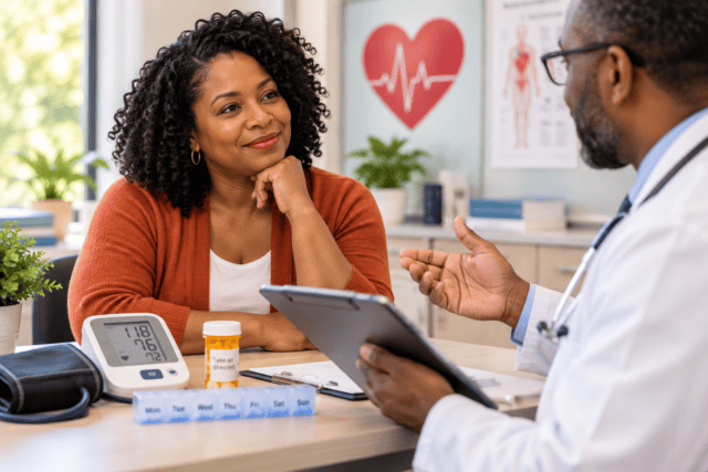 Black woman discussing her blood pressure medicine with a Black doctor, with a blood pressure monitor and pill organizer on the desk