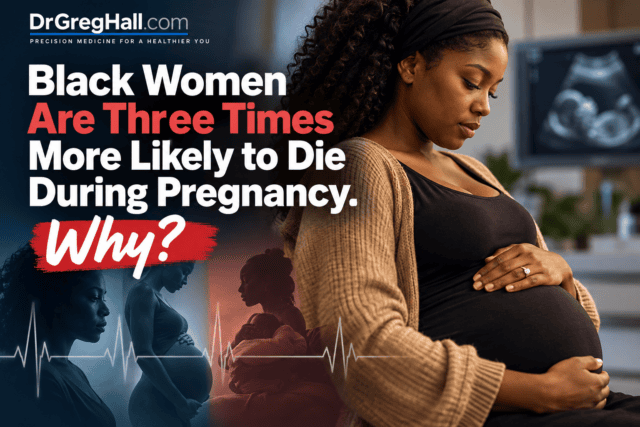 Black Women Are Three Times More Likely to Die During Pregnancy. Why? A pregnant Black woman holds her belly beside a heartbeat line