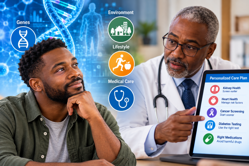 A doctor shows a young Black man a personalized care plan on a tablet, with icons for genes, environment, lifestyle and medical care
