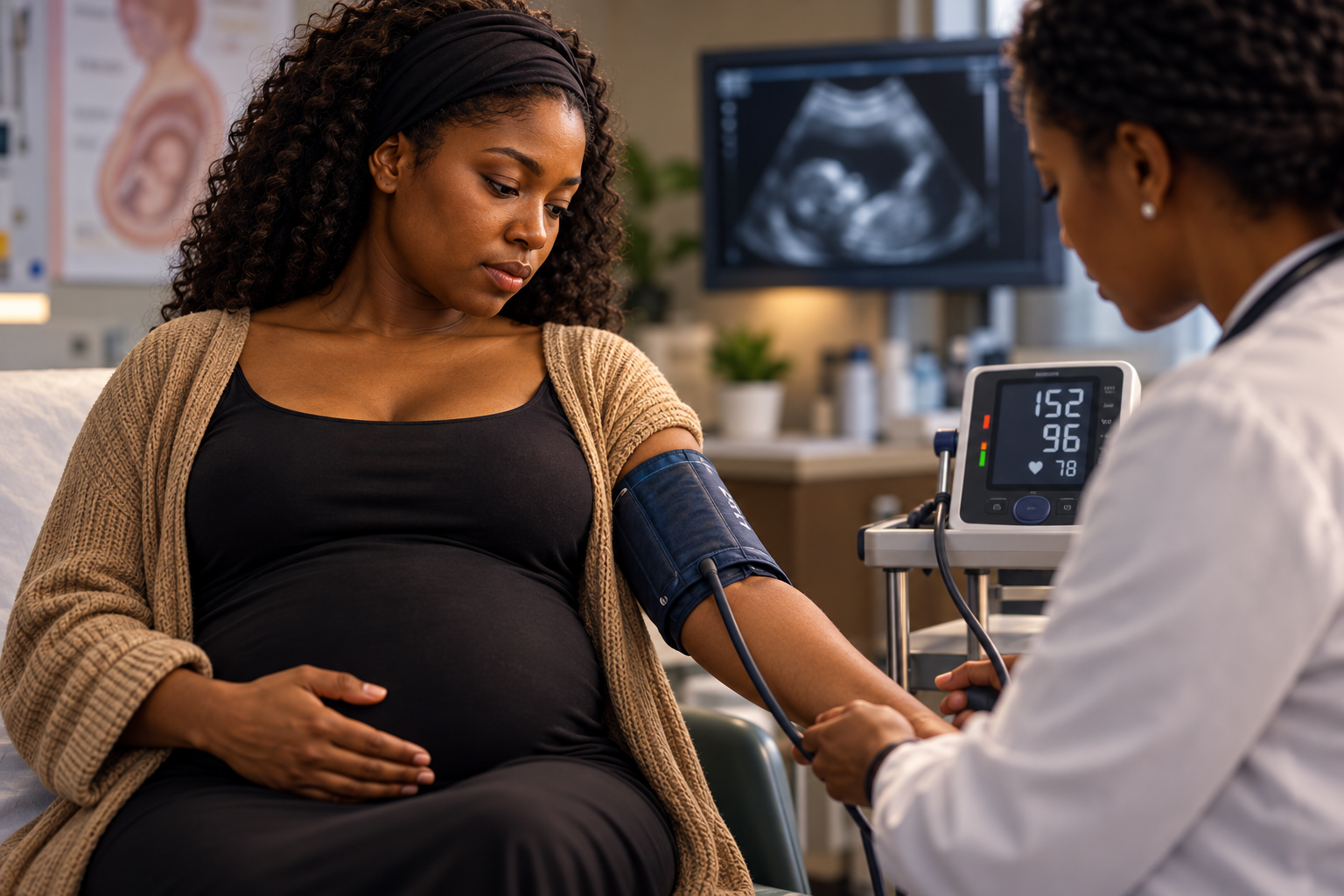 A pregnant Black woman has her blood pressure checked by a Black female doctor; the monitor reads 152/96