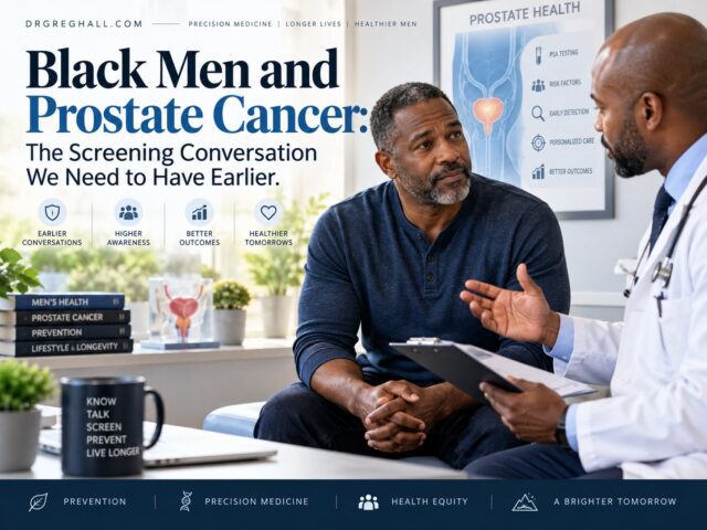 Black Men and Prostate Cancer: The Screening Conversation We Need to Have Earlier. A Black doctor talks with a middle-aged Black man about prostate health.